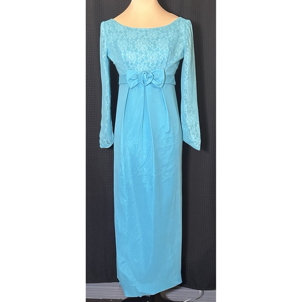 Vintage 60s 70s  Aqua Turquoise Maxi Dress Lace Overlay Empire Waist Waterfall